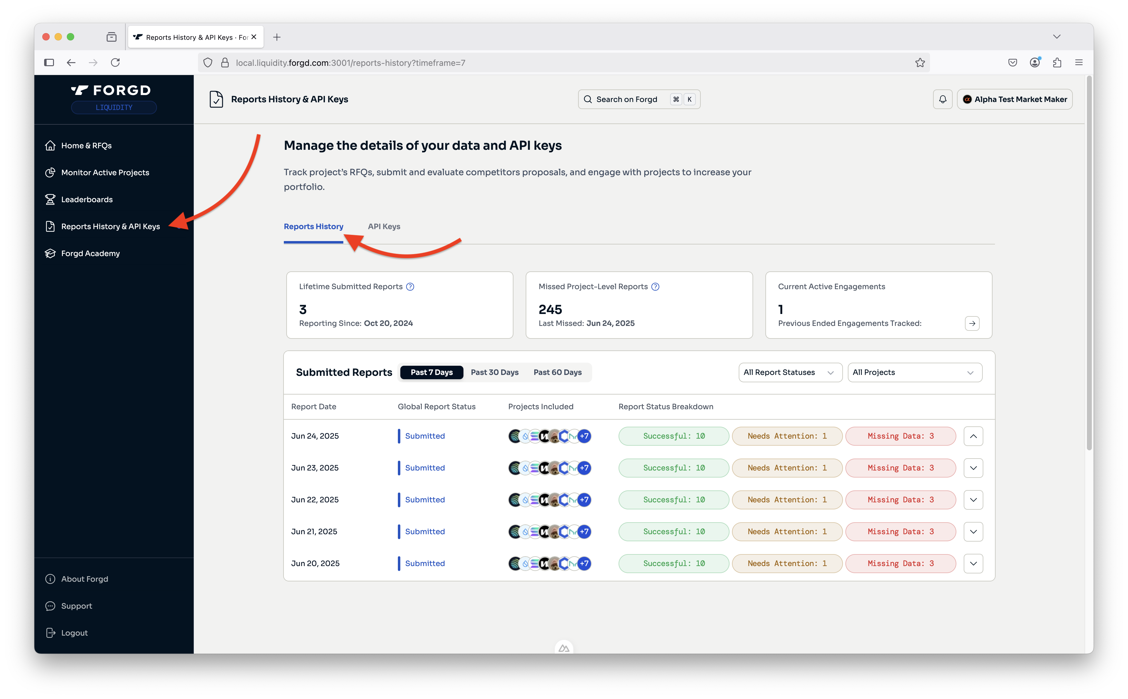 How to get to the Reports History & API Keys page