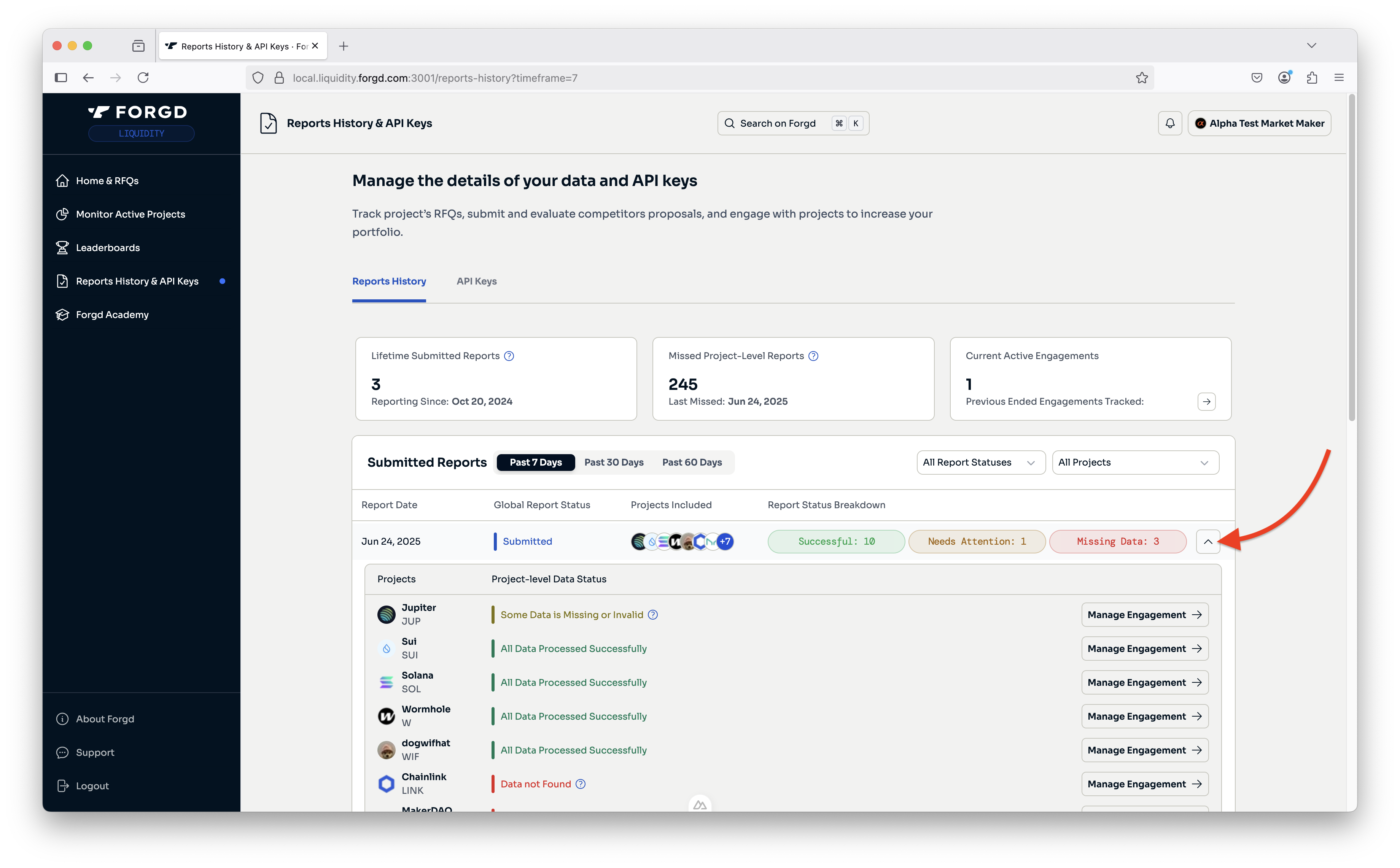 Expanding the reports for a given date