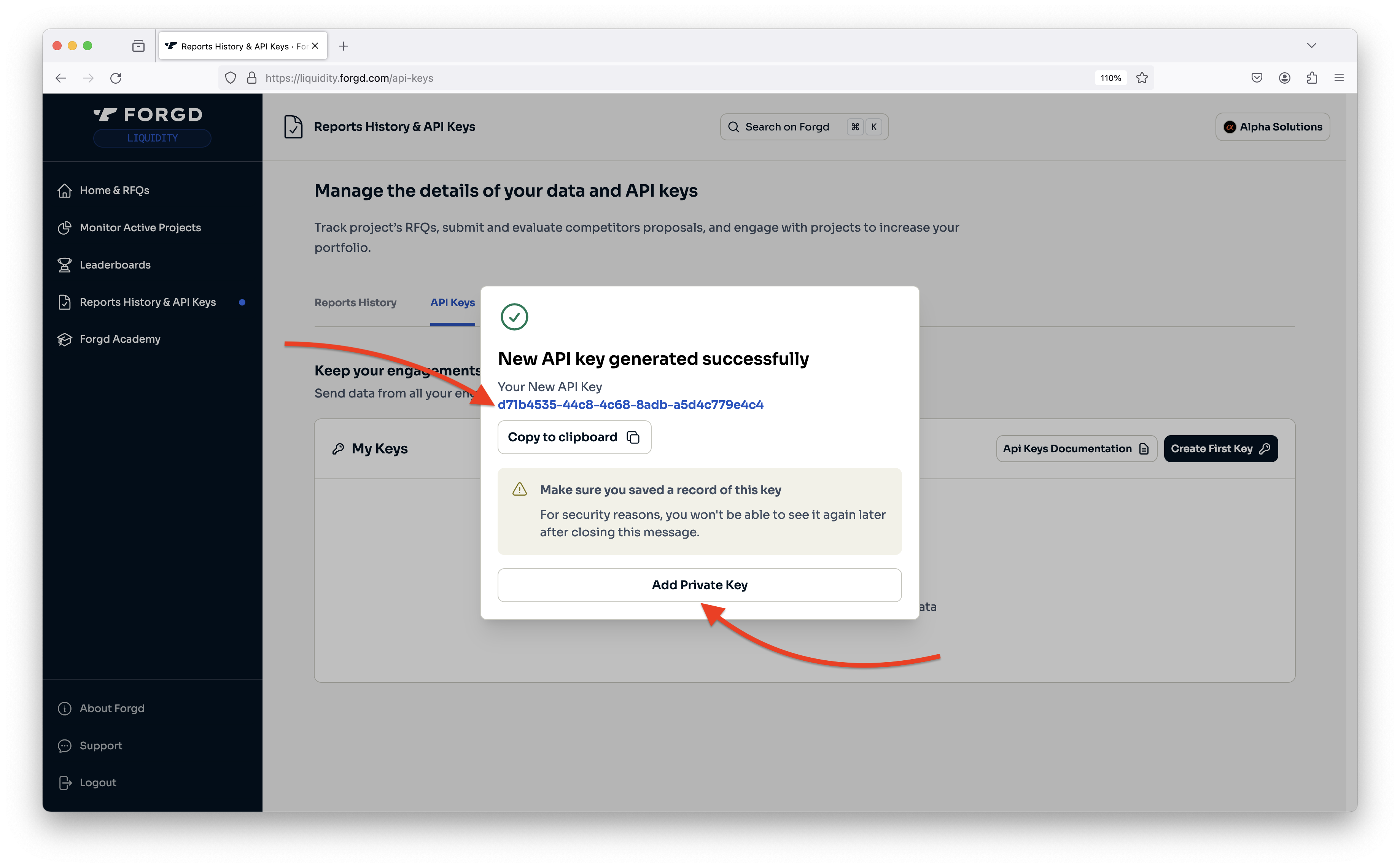 Copying your new API key