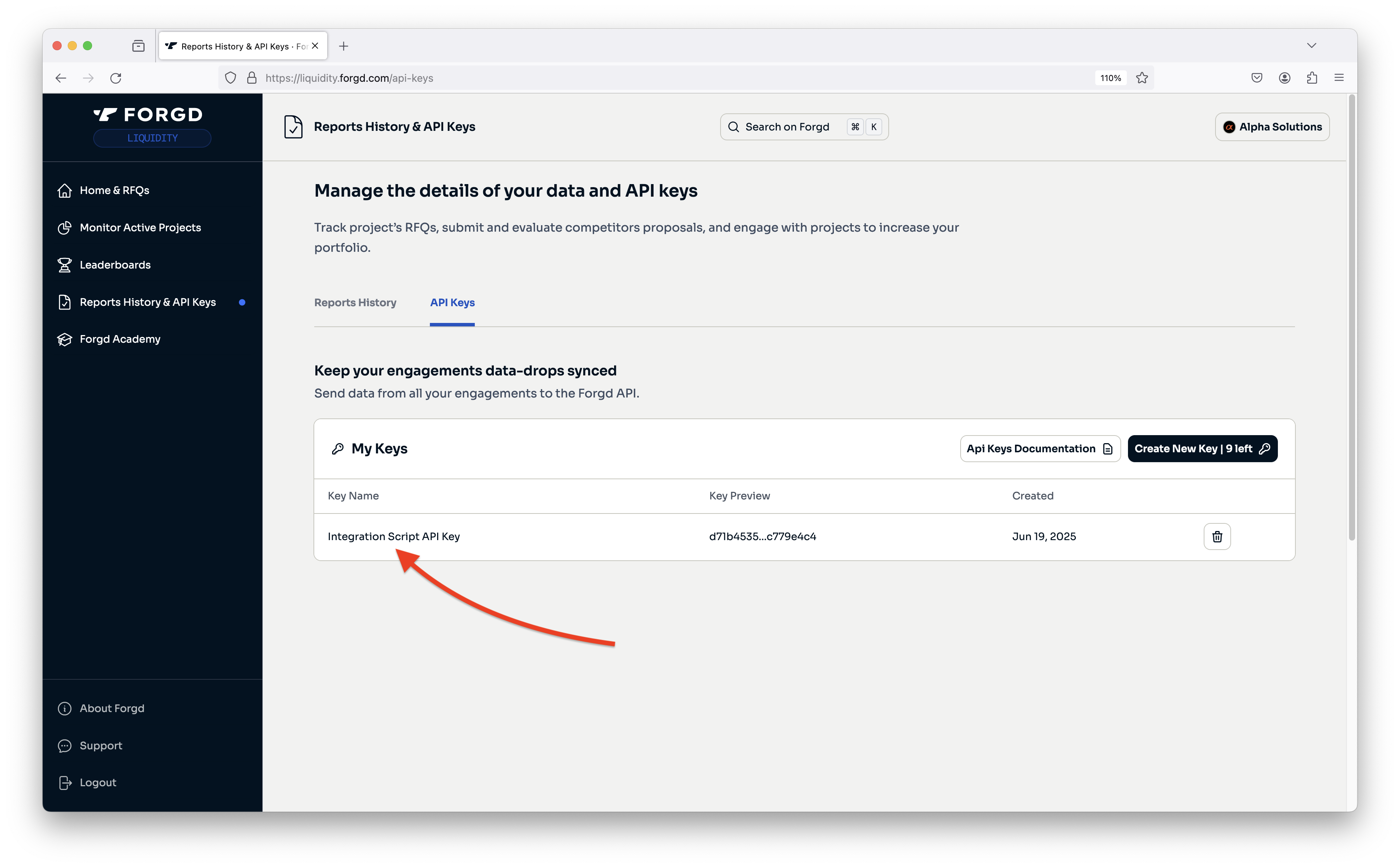 API key list after creating a new API key