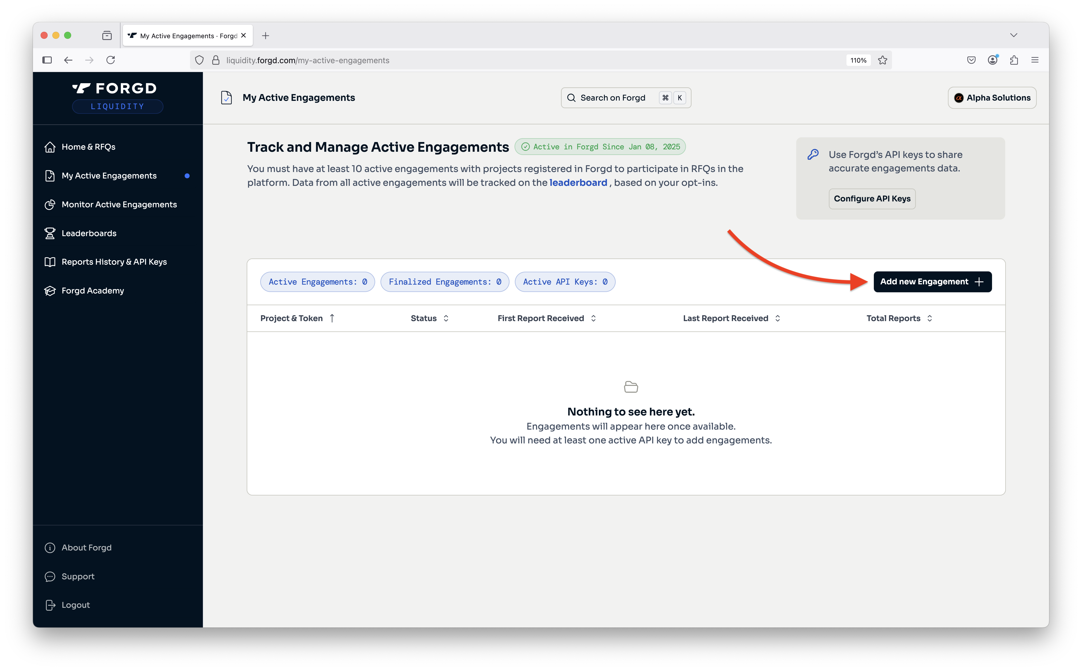 Opening new engagement creation form